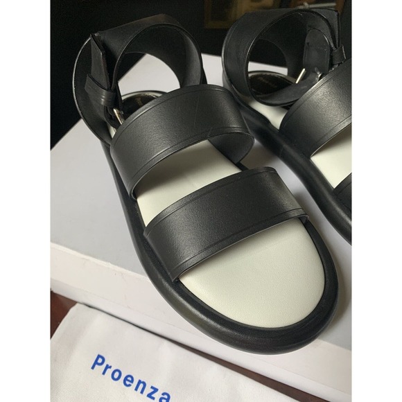 Proenza Schouler Sandals Black Leather Pipe Size 36 Chunky Flat Buckle 695 MSRP - Picture 8 of 14